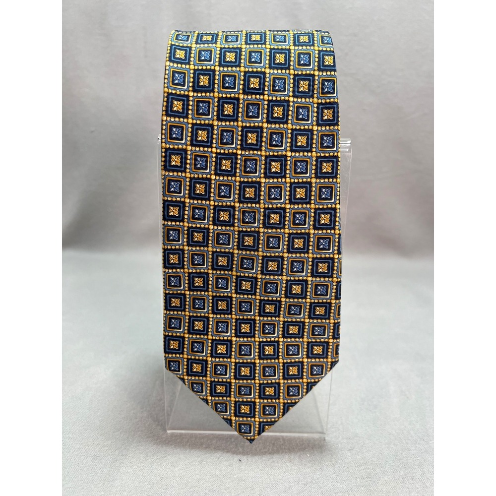 Vintage Gap Premium Foulard Blue Gold Geometric Floral Silk Tie Dapper 90s 4x59